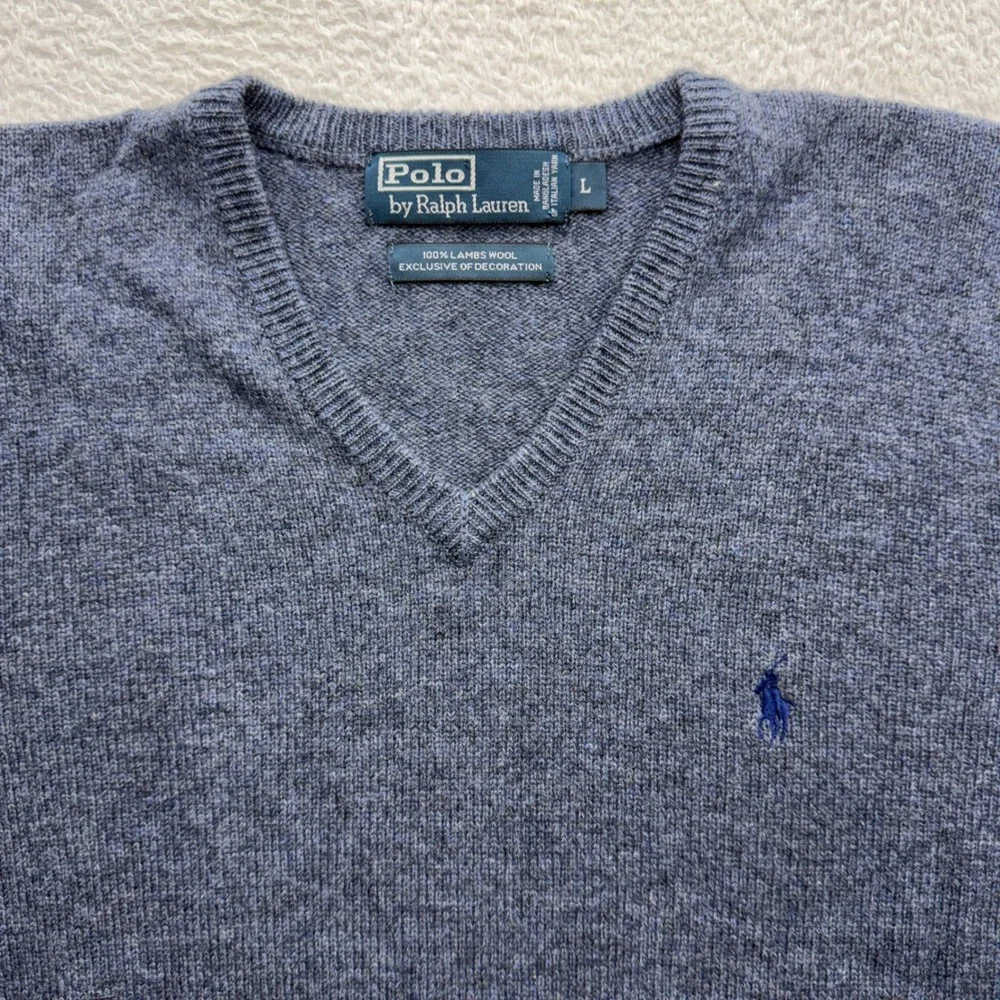Polo Ralph Lauren Mens Blue Gray 100% Lambswool V-Neck Sweater‎ Size Large 8491